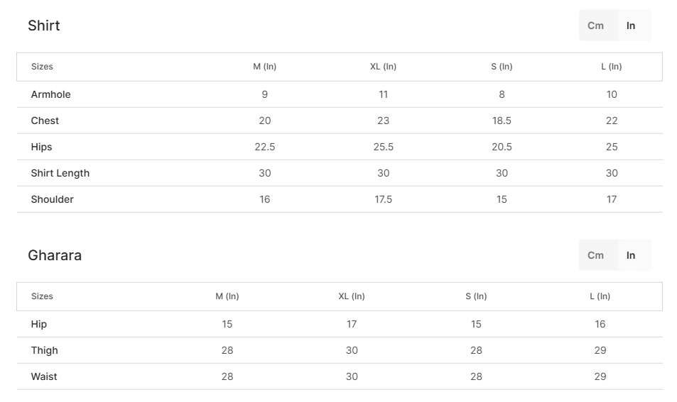 Rust Gharara Size Chart