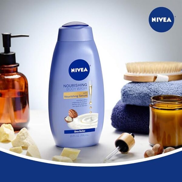 NIVEA Shea Butter Nourishing Body Wash, Moisturizing Body Wash with Nourishing Serum, Plant-Derived Oils, Essential Skin Lipids and Vitamins, 20 Fl Oz Bottle - Image 3