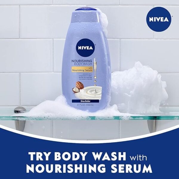 NIVEA Shea Butter Nourishing Body Wash, Moisturizing Body Wash with Nourishing Serum, Plant-Derived Oils, Essential Skin Lipids and Vitamins, 20 Fl Oz Bottle - Image 6