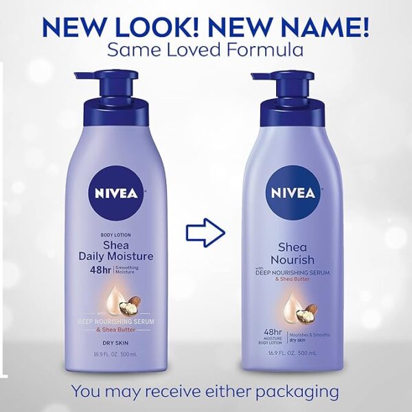 NIVEA Shea Nourish Body Lotion, 48-Hour Moisturizing Shea Butter Lotion for Dry Skin with Deep Nourishing Serum, 16.9 Fl Oz Pump Bottle - Image 2