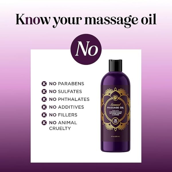 Aromatherapy Sensual Massage Oil for Couples - Relaxing Full Body Massage Oil for Date Night with Sweet Almond Oil - Vegan Lavender Massage Oil for Massage Therapy Smooth Gliding Formula 8 Fl Oz - Image 4