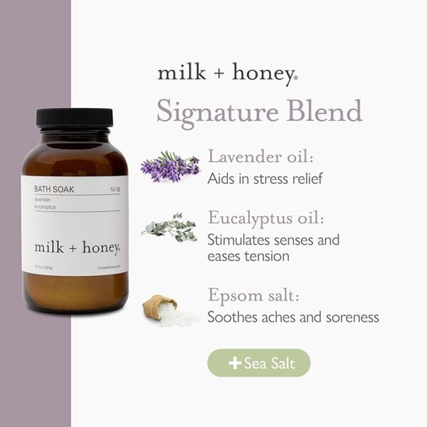 milk + honey Calming Bath Soak No. 8, Moisturizing Epsom Salt Bath Soak with Lavender and Eucalyptus Oils, Soothing and Relaxing Bath Soak, 10 oz - Image 4