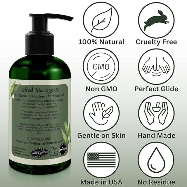 Refresh Massage Oil with Eucalyptus & Peppermint Essential Oils - Great for Massage Therapy. All Natural Muscle Relaxer. Ideal for Full Body Massage – Nut Free Formula 8oz - Image 3