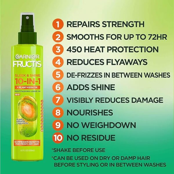 Garnier Fructis Sleek & Shine 10-in-1 for Frizzy, Dry Hair, Plant Keratin, 8.1 Fl Oz, 1 Count - Image 4