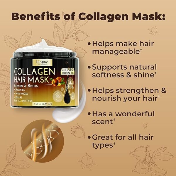 Hair Mask for Dry Damaged Hair with Collagen, Biotin, Argan Oil - Helps Repair Hair and Reduce Damage from Heat, Sun, Coloring - Moisturizing Keratin Hair Mask for Split Ends, Hair Loss and Breakage - Image 2