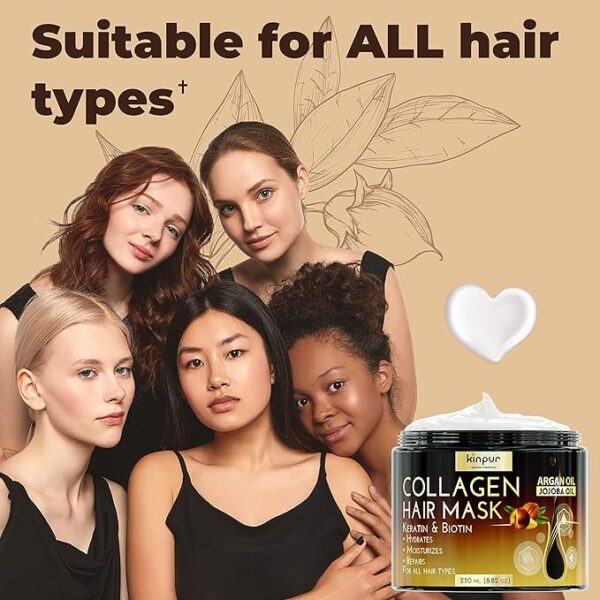 Hair Mask for Dry Damaged Hair with Collagen, Biotin, Argan Oil - Helps Repair Hair and Reduce Damage from Heat, Sun, Coloring - Moisturizing Keratin Hair Mask for Split Ends, Hair Loss and Breakage - Image 6