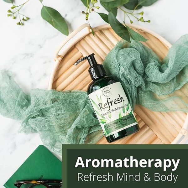 Refresh Massage Oil with Eucalyptus & Peppermint Essential Oils - Great for Massage Therapy. All Natural Muscle Relaxer. Ideal for Full Body Massage – Nut Free Formula 8oz - Image 6