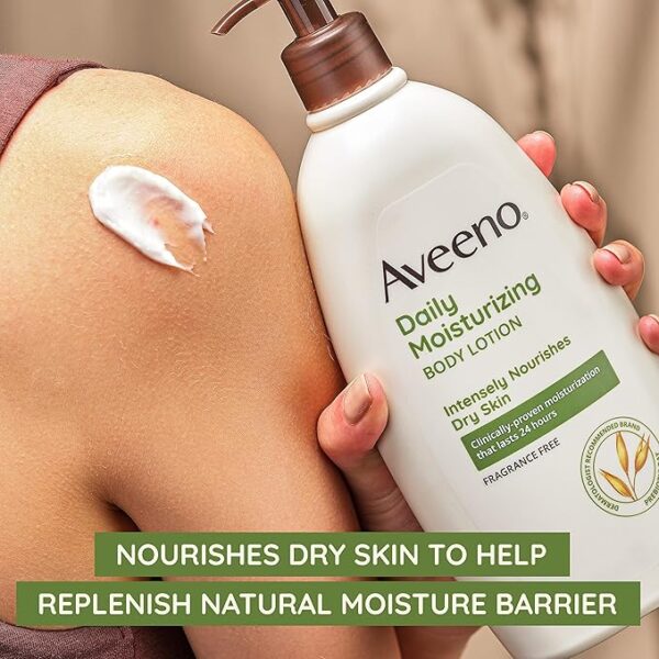 Aveeno Daily Moisturizing Body Lotion with Soothing Prebiotic Oat, Gentle Lotion Nourishes Dry Skin With Moisture, Paraben-, Dye- & Fragrance-Free, Non-Greasy & Non-Comedogenic, 12 fl. Oz - Image 2