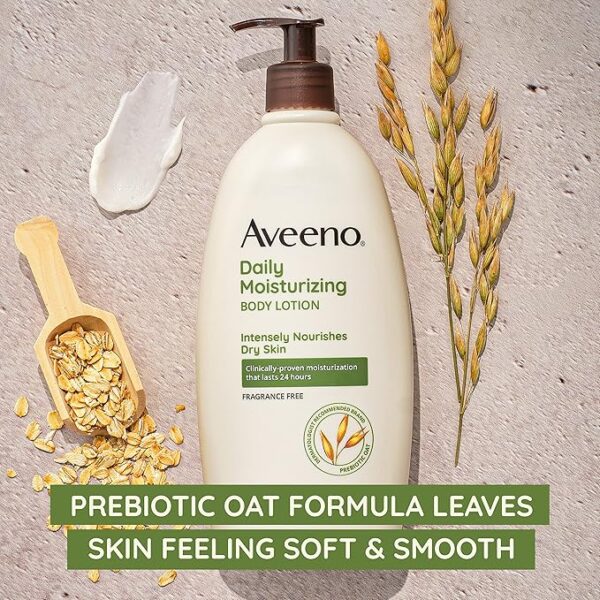 Aveeno Daily Moisturizing Body Lotion with Soothing Prebiotic Oat, Gentle Lotion Nourishes Dry Skin With Moisture, Paraben-, Dye- & Fragrance-Free, Non-Greasy & Non-Comedogenic, 12 fl. Oz - Image 4