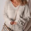 SHEWIN Womens Sweaters Casual Long Sleeve V Neck Lightweight Crochet Pullover Sweater Tops - Image 2
