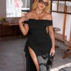 LAGSHIAN Women's Elegant Bodycon Off Shoulder Sleeveless High Split Ruched Long Formal Evening Dress - Image 2