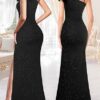 VFSHOW Womens Ruffle One Shoulder Strap Ruched Formal Prom Wedding Maxi Dress V Neck Elegant Split Cocktail Evening Long Gown - Image 2