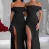 LAGSHIAN Women's Elegant Bodycon Off Shoulder Sleeveless High Split Ruched Long Formal Evening Dress - Image 5