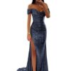 Sparkly Sequin Prom Dresses Long with Slit Off The Shoulder Bridesmaid Dress Pleated Evening Formal Gowns - Image 2