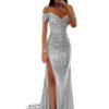 Sparkly Sequin Prom Dresses Long with Slit Off The Shoulder Bridesmaid Dress Pleated Evening Formal Gowns - Image 3