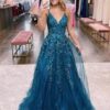 Glitter Tulle V Neck Prom Dresses for Women 2025 Lace Appliques Long Party Dress - Image 3