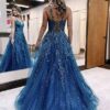 Glitter Tulle V Neck Prom Dresses for Women 2025 Lace Appliques Long Party Dress - Image 2