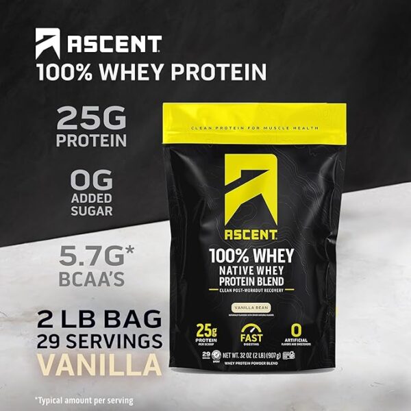 Ascent 100% Whey Protein Powder - Post Workout Whey Protein Isolate, Zero Artificial Flavors & Sweeteners, Soy & Gluten Free, 5.5g BCAA, 2.6g Leucine, Essential Amino Acids, Vanilla Bean 2 lb - Image 2