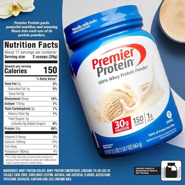 Premier Protein Powder, Vanilla Milkshake, 30g Protein, 1g Sugar, 100% Whey Protein, Keto Friendly, No Soy Ingredients, Gluten Free, 17 Servings, 23.3 Ounces - Image 4