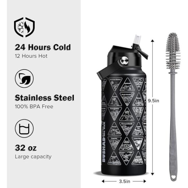 National Parks Water Bottle with Stickers | 32oz Wide Mouth Leakproof Stainless Steel Bucket List Insulated Bottle for Camping & Hiking | Gifts for Hikers | BPA-Free [BLACK] - Image 5