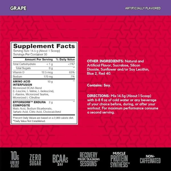BSN Amino X Muscle Recovery & Endurance Powder with BCAAs, 10 Grams of Amino Acids, Keto Friendly, Caffeine Free, Flavor: Grape, 30 servings - Image 2