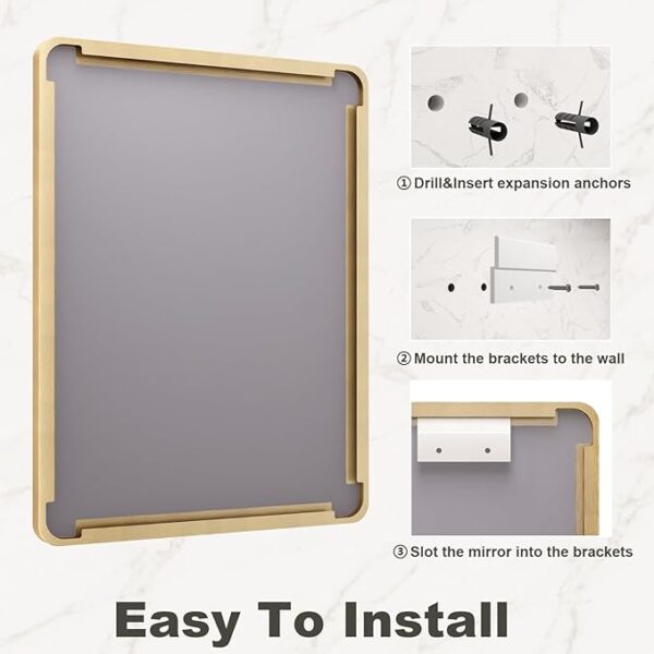 20x30 Inch Gold Framed Bathroom Mirror, Rectangle Brushed Gold Metal Vanity Mirror, Gold Mirror for Wall, Rounded Corner, Tempered Glass, Anti-Rust, Shatterproof (Horizontal/Vertical) - Image 6