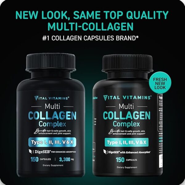 Vital Vitamins Multi Collagen for Women & Men - Type I, II, III, V, X - Grass Fed, Non-GMO - 150 Capsules - Image 4
