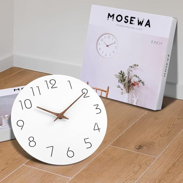 Mosewa Wall Clock Battery Operated White Silent Non Ticking Simple Minimalist Wooden Decorative for Kitchen Bathroom Bedroom Living Room Office - Image 3