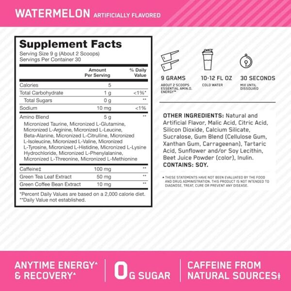 Optimum Nutrition Amino Energy - Pre Workout with Green Tea, BCAA, Amino Acids, Keto Friendly, Green Coffee Extract, Energy Powder - Watermelon, 30 Servings - Image 3