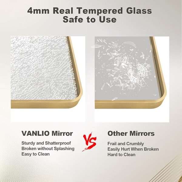 20x30 Inch Gold Framed Bathroom Mirror, Rectangle Brushed Gold Metal Vanity Mirror, Gold Mirror for Wall, Rounded Corner, Tempered Glass, Anti-Rust, Shatterproof (Horizontal/Vertical) - Image 4