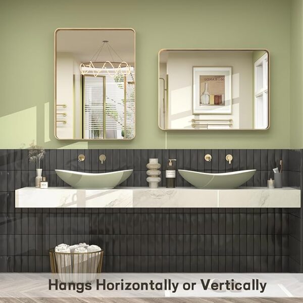 20x30 Inch Gold Framed Bathroom Mirror, Rectangle Brushed Gold Metal Vanity Mirror, Gold Mirror for Wall, Rounded Corner, Tempered Glass, Anti-Rust, Shatterproof (Horizontal/Vertical) - Image 5
