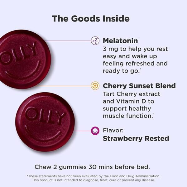OLLY Muscle Recovery Sleep Gummies, Sleep and Sore Muscle Support, 3mg Melatonin, Tart Cherry, Vitamin D, Berry Flavor - 40 Count - Image 3