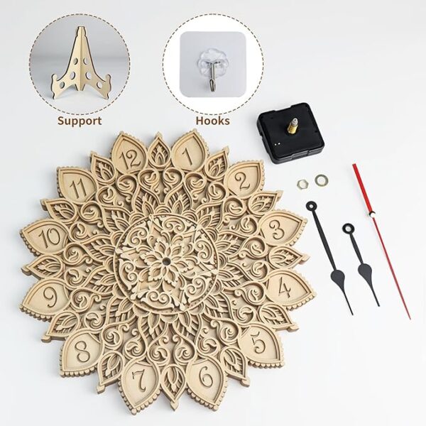 Mandala Flower Silent Wall Clock 12 Inch, Dual Mode Wooden Clock for Home & Office - Wall Mount or Tabletop Decoration, Noise-Free Modern Design for Dining Room, Study, Kitchen - Image 3