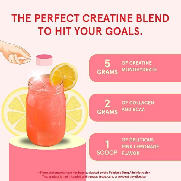 Creatine Monohydrate Powder, Pink Lemonade, Glute Builder Creatine for Women with Collagen, BCAAs, 5g Vegan Micronized Creatine per Serving, for Energy, Muscle Support, 30 Servings - Image 3