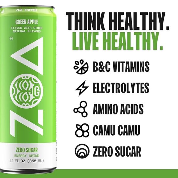 ZOA Zero Sugar Energy Drinks, Green Apple - Sugar Free with Electrolytes, Healthy Vitamin C, Amino Acids, Essential B-Vitamins, and Caffeine from Green Tea - 12 Fl Oz (12-Pack) - Image 2