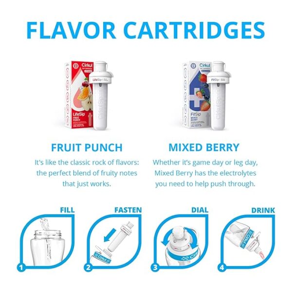 Cirkul 22oz. BPA-Free Plastic Water Bottle Starter Kit with Blue Lid, 2 Flavor Cartridges (1 LifeSip Fruit Punch, 1 FitSip Mixed Berry) Zero Calories and No Sugar - Image 2