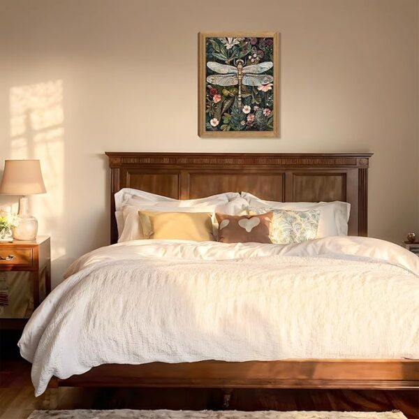 Framed Vintage 3D Textured Wall Art - Dark Green Dragonfly Flowers Wall Decor - Hand Drawn Sandstone Nature Botanical Pictures for Living Room Bedroom Home Decor 12x16in - Image 4