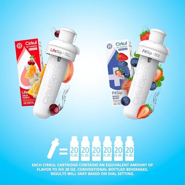 Cirkul 22oz. BPA-Free Plastic Water Bottle Starter Kit with Blue Lid, 2 Flavor Cartridges (1 LifeSip Fruit Punch, 1 FitSip Mixed Berry) Zero Calories and No Sugar - Image 3