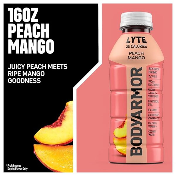 BODYARMOR LYTE Sports Drink Low-Calorie Sports Beverage, Peach Mango, Coconut Water Hydration, Natural Flavors With Vitamins, Potassium-Packed Electrolytes, Perfect For Athletes, 16 Fl Oz (Pack of 12) - Image 3