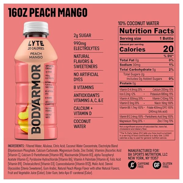 BODYARMOR LYTE Sports Drink Low-Calorie Sports Beverage, Peach Mango, Coconut Water Hydration, Natural Flavors With Vitamins, Potassium-Packed Electrolytes, Perfect For Athletes, 16 Fl Oz (Pack of 12) - Image 2