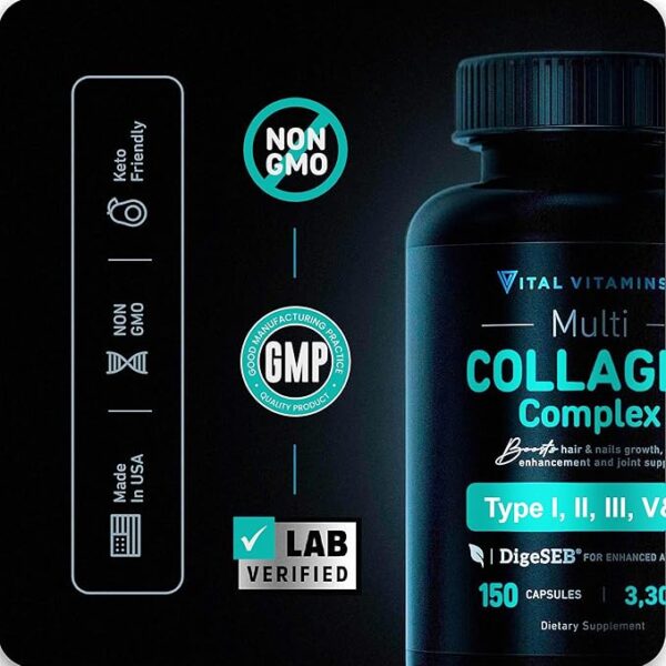 Vital Vitamins Multi Collagen for Women & Men - Type I, II, III, V, X - Grass Fed, Non-GMO - 150 Capsules - Image 3