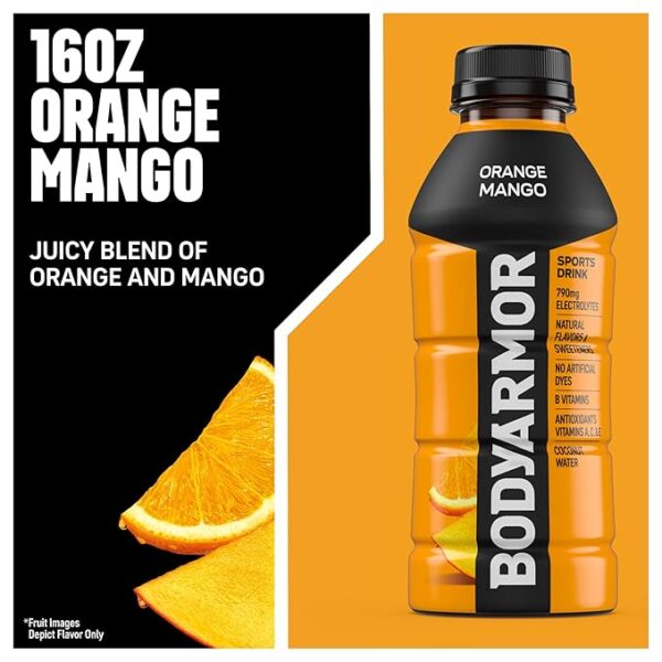 BODYARMOR Sports Drink Sports Beverage, Orange Mango, Coconut Water Hydration, Natural Flavors With Vitamins, Potassium-Packed Electrolytes, Perfect For Athletes, 16 Fl Oz (Pack of 12) - Image 3