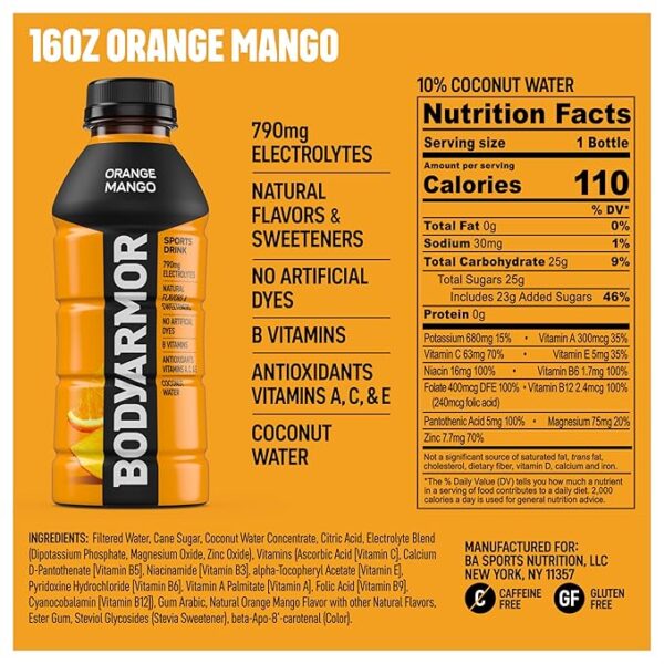 BODYARMOR Sports Drink Sports Beverage, Orange Mango, Coconut Water Hydration, Natural Flavors With Vitamins, Potassium-Packed Electrolytes, Perfect For Athletes, 16 Fl Oz (Pack of 12) - Image 2