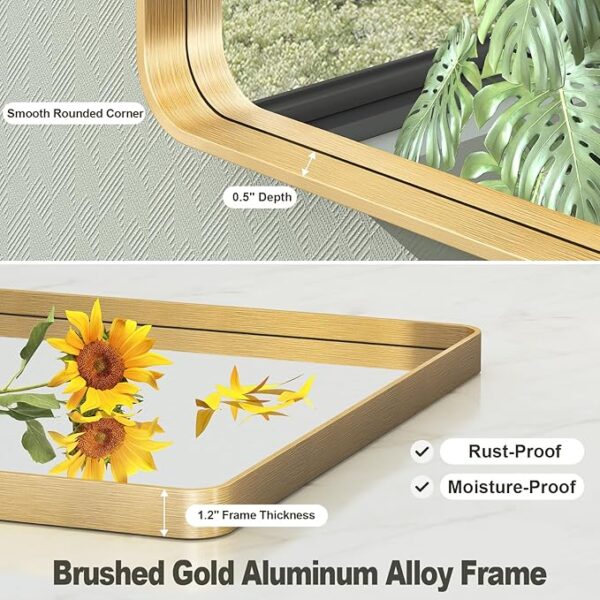 20x30 Inch Gold Framed Bathroom Mirror, Rectangle Brushed Gold Metal Vanity Mirror, Gold Mirror for Wall, Rounded Corner, Tempered Glass, Anti-Rust, Shatterproof (Horizontal/Vertical) - Image 2