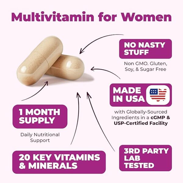 Multivitamin for Women - Daily Womens Multivitamin & Multimineral with Vitamin A, C, D, E, B12, Zinc & More. Essential Vitamins for Women for Energy, Focus, Hair Growth & Overall Health. 60 Capsules - Image 4