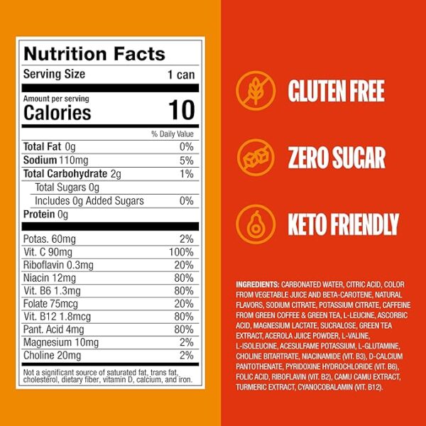 ZOA Zero Sugar Energy Drinks, Mango Splash - Sugar Free with Electrolytes, Healthy Vitamin C, Amino Acids, Essential B-Vitamins, and Caffeine from Green Tea - 12 Fl Oz (Pack of 12) - Image 4