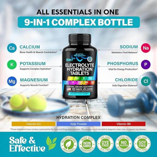 Electrolytes - Electrolyte Tablets with Magnesium, Sodium, Potassium, Chloride, Vitamins D3 & B6, Kelp Powder - Salt Pills - Made in USA - Oral Tablets as Capsules - Vegan & Keto Friendly - 120 Tabs - Image 4