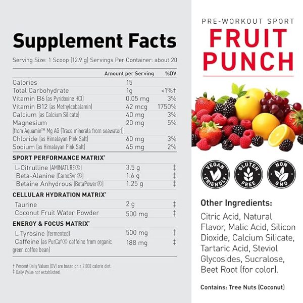Kaged Sport Pre Workout Powder for Men & Women, Fruit Punch, Sport Certified, 188mg Caffeine, Nitric Oxide Supplement, Beta Alanine for Energy, Weightlifting, Cardio Endurance & Strength, 20 Servings - Image 3