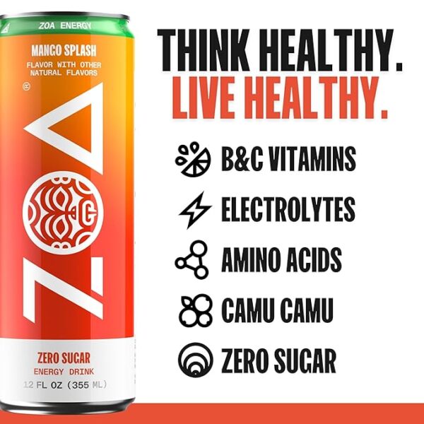 ZOA Zero Sugar Energy Drinks, Mango Splash - Sugar Free with Electrolytes, Healthy Vitamin C, Amino Acids, Essential B-Vitamins, and Caffeine from Green Tea - 12 Fl Oz (Pack of 12) - Image 2