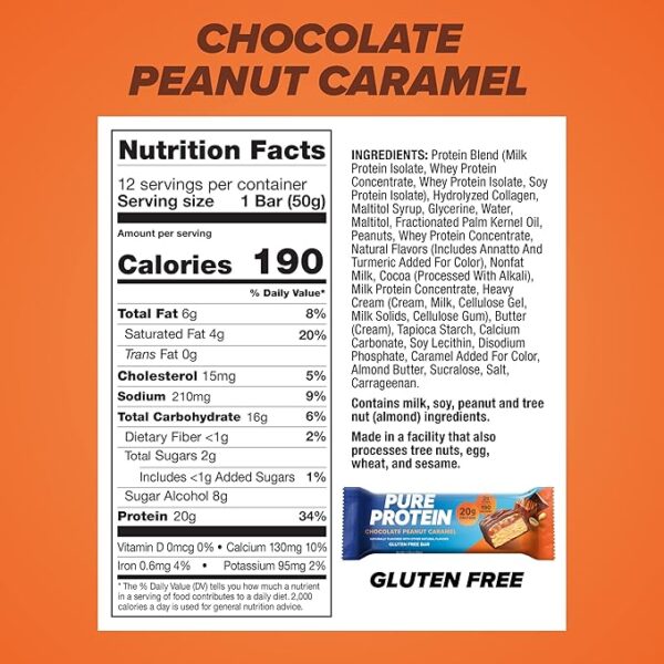 Pure Protein Bars, High Protein, Nutritious Snacks to Support Energy, Low Sugar, Gluten Free, Chocolate Peanut Caramel, 1.76oz, 12 Count (Pack of 1) - Image 3